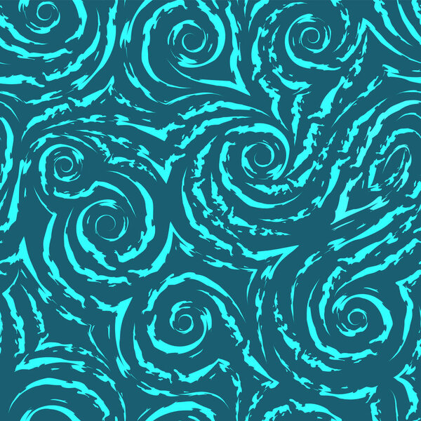 Vector seamless aqua menthe texture in the form of spirals and curls of waves and splashes on a blue background. Swirl or flow in the form of smooth lines with torn edges. Texture for fabric and paper
