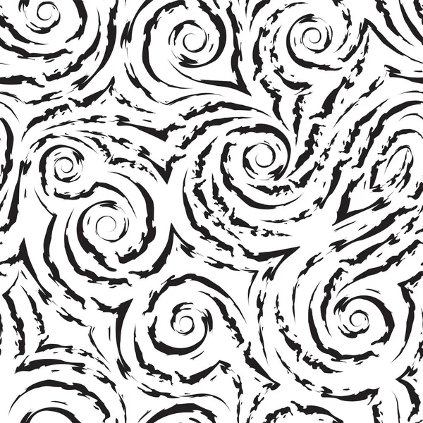 Texture noire sans couture vectorielle sous la forme de spirales et de boucles d'ondes et d'éclaboussures sur un fond blanc. Tourbillon ou écoulement sous la forme de lignes lisses avec des bords déchirés. Texture pour tissu et papier — Image vectorielle