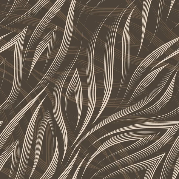 Векторный бесшовный рисунок бежевых линий и углов на коричневом фоне. Текстура текущих форм и линий для потока или моря в пастельных тонах. — стоковый вектор
