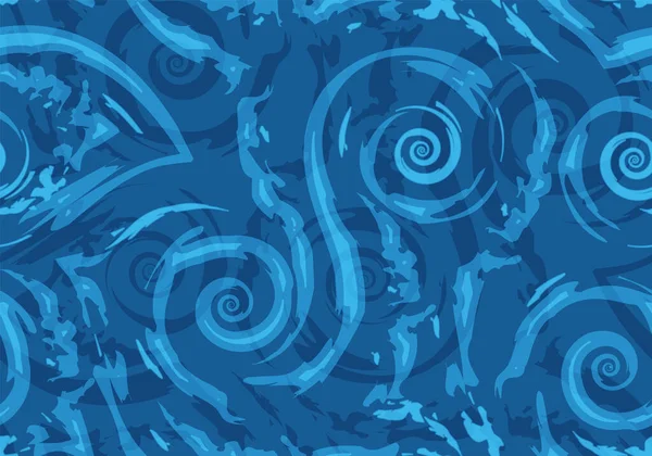 Бесшовный векторный рисунок голубых разорванных линий и спиралей на морском фоне. Текстура волн и завихрений для обертывания или декорирования тканей. — стоковый вектор