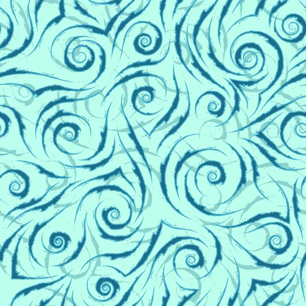 Stock patrón vectorial sin costuras de líneas azules que fluyen con bordes rotos sobre un fondo turquesa. Textura para tela o papel de envolver. — Vector de stock
