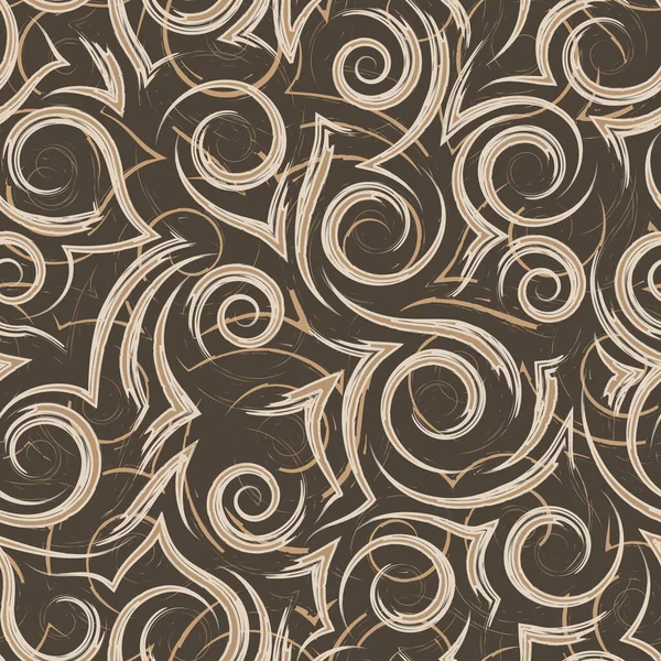 Patrón vectorial beige sin costuras de líneas y espirales que fluyen sobre un fondo marrón. Textura para tela o papel de envolver. Curlicues y líneas que fluyen. — Archivo Imágenes Vectoriales