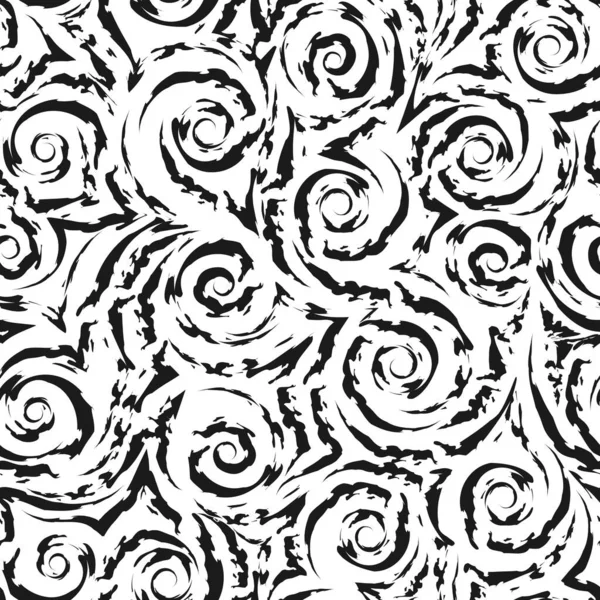 Nahtloses schwarzes Vektormuster aus glatten Linien und Spiralen mit gerissenen Kanten, isoliert auf weißem Hintergrund. Textur für Stoff oder Packpapier. — Stockvektor
