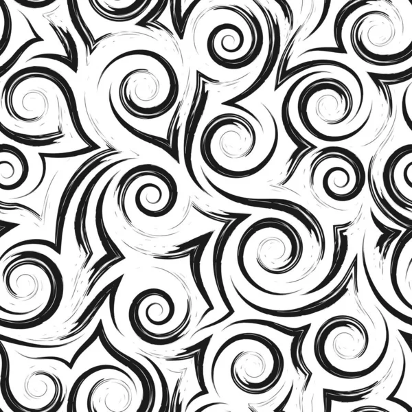 Geometrisches nahtloses Muster glatter schwarzer Wellen aus Spiralen und Locken auf weißem Hintergrund. Monochromes Muster Meer oder Ozean stilisierte Wellen oder Wellen auf dem Wasser. — Stockvektor