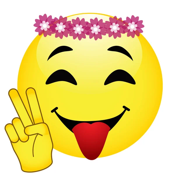 Sonrisita coqueta con corona floral y lengua colgando. Carácter positivo — Vector de stock