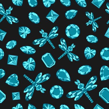 Mavi kristaller ve kristal böcek gelen değerli taşlar, vektör çizim ile renkli seamless modeli