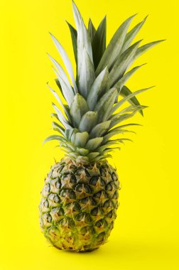 Dikey fotoğraf. Seyahat, tatil kavramı. Parlak sarı kağıt üzerinde egzotik taze ananas
