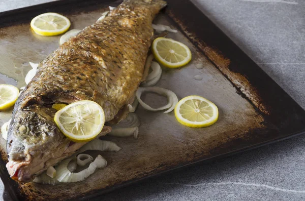 Leckeren Gekochten Fisch Mit Limo Scheiben Zwiebelringe Auf Dem Tablett — Stockfoto