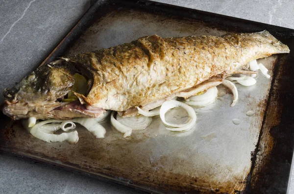 Frisch Gekochter Karpfenfisch Zwiebelringe Rustikales Kithcen Tablett Köstliche Hausgemachte Meeresfrüchte — Stockfoto