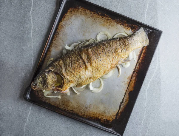 Blick Von Oben Auf Gebratenen Frischen Karpfenfisch Auf Rustikalem Tablett — Stockfoto