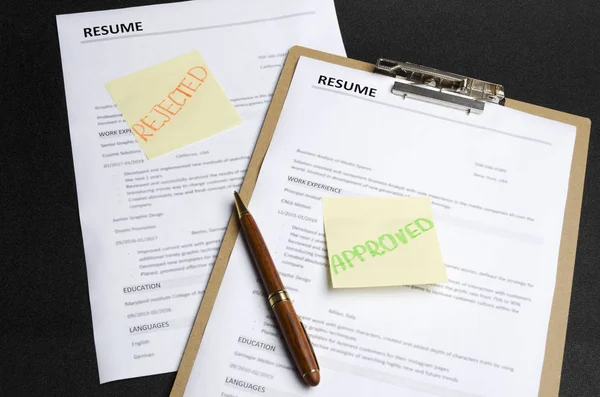 Two Resume Templates Sticks Black Background Made Decision Approved One — Stock Photo, Image