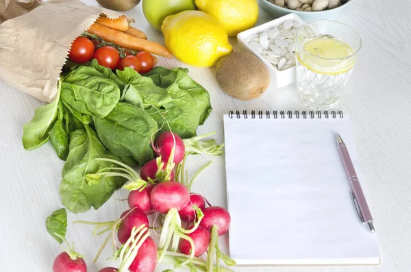 Blank Notebook Lot Vegetables Fruits Concept Healthy Lifestyle Meal Planning — Stock Photo, Image