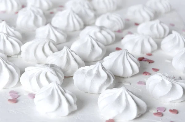 Little Meringues White Surface Sweet Snack Decoration Heart Shape — Stock Photo, Image