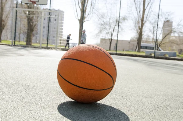 Closeup Orange Ball Basketball Rubber Sport Court Sport Ground Outdoor — Stock Photo, Image
