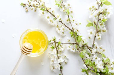 Beyaz arka planda bal ve çiçek dalları ile cam kavanoz üst görünümü