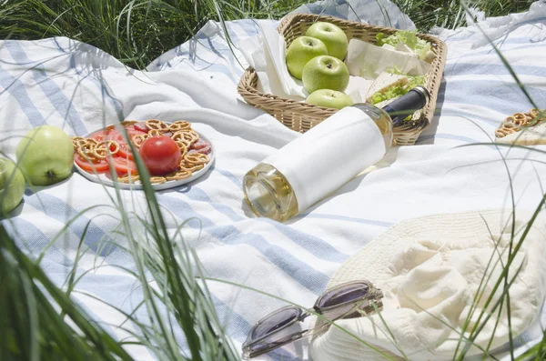 Maçãs Biscoitos Garrafa Vinho Branco Sanduíches Chapéu Óculos Sol Coberto — Fotografia de Stock