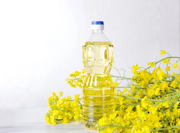 Bottle of fresh rapeseed oil and bunch of blooming canola plant on the table against bright background