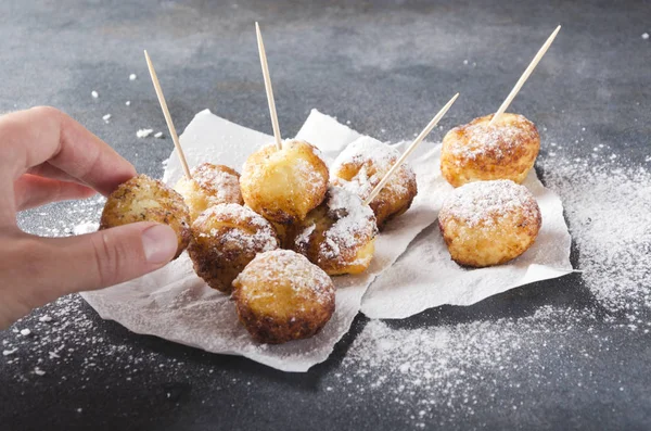 Fried Sweet Dough Balls Sweet Powdered Sugar Woman Taking Cheese — Stock Photo, Image