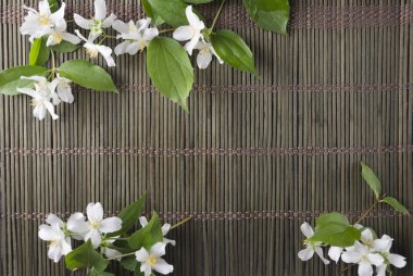 Hasır mat güzel Yasemin çiçekleri üst görünümü, tasarım için boş alan