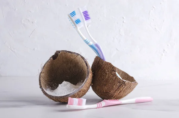 Tooth Powder Plastic Toothbrush Bathroom Shelf White Wall — Stock Photo, Image