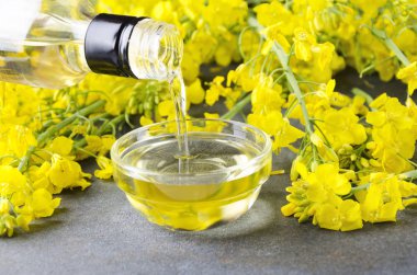 Pouring canola oil into the glass bowl against rapeseed blossoms on the grey surface, closeup shot clipart
