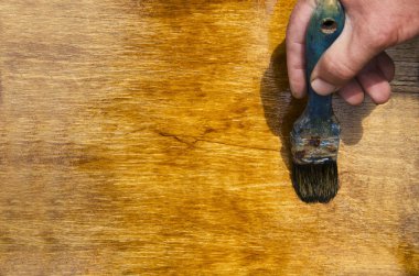 Male hand holding old paintbrush and varnishing wooden surface with it clipart