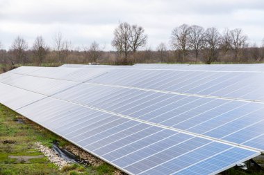 Güneşten elektrik üretmek için büyük güneş kollektörleri bir çayır üzerinde.