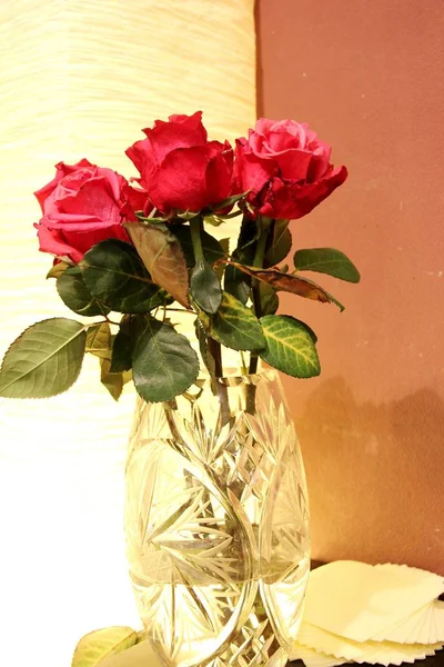 bir tablo, kahverengi ve bej tonları akşamı bir kristal vazoda kırmızı gül buketi