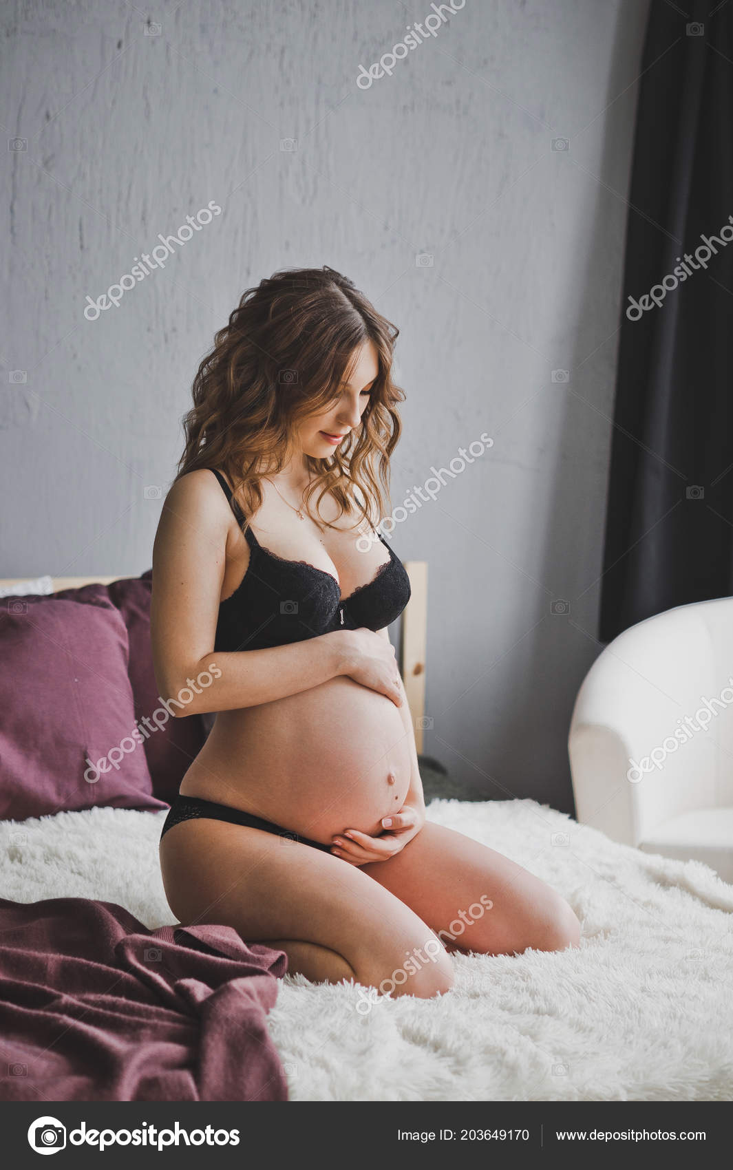Happy Pregnant Girl Black Underwear Stroking Big Belly Baby Stock