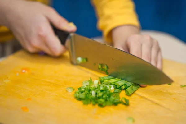 Large Photo Large Knife Children Hands Cutting Onions — Stock Photo, Image