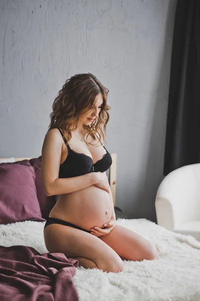 Happy Pregnant Girl Black Underwear Stroking Big Belly Baby — Stock Photo, Image