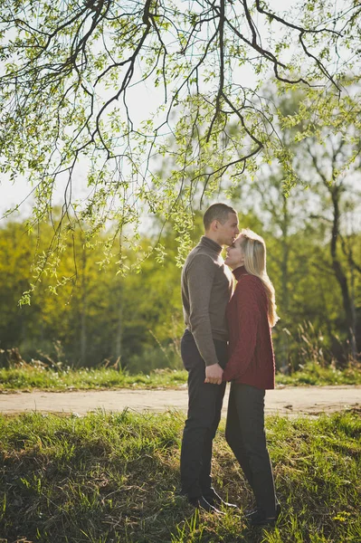 Los Amantes Admiran Pie Medio Del Bosque — Foto de Stock