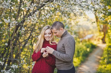 Kiraz çiçekleri arasında aşık yürüyüş.