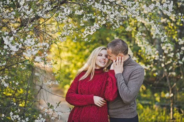 Pareja Enamorada Fondo Los Árboles Con Flores —  Fotos de Stock