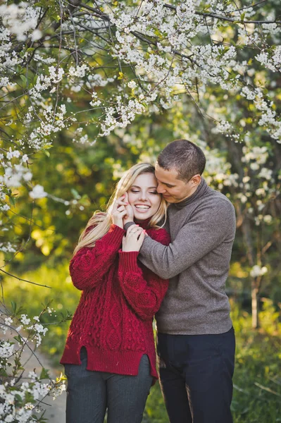 Couple Love Background Flowering Trees — Stock Photo, Image