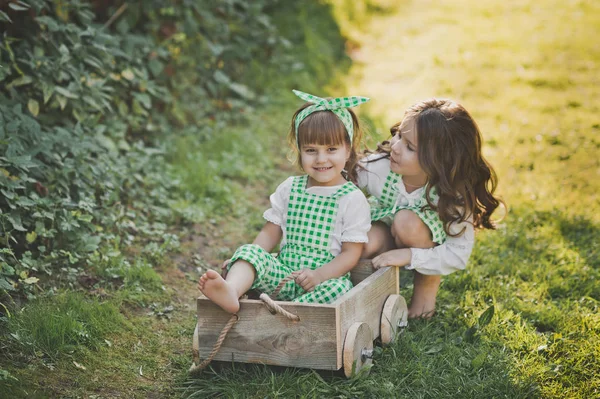 子供たちはカートに座って路上で笑いとふける — ストック写真