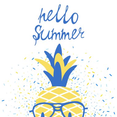 Gözlüklü, harfli ve fasulye arkaplanda ananas olan vektör taze yaz posteri.