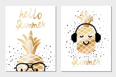 Vector Golden yaz tebrik kartları, kulaklık ve gözlüklü ananas. Poster tasarım şablonları.