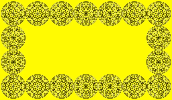 둥근 꽃 만다라와 원활한 패턴 타일의 프레임. 이슬람, 요가, 아랍어, 인도, 오스만 모티브. 직물이나 종이에 인쇄하는 데 적합합니다. 노란색 배경에 둥근 만다라의 프레임. — 스톡 사진