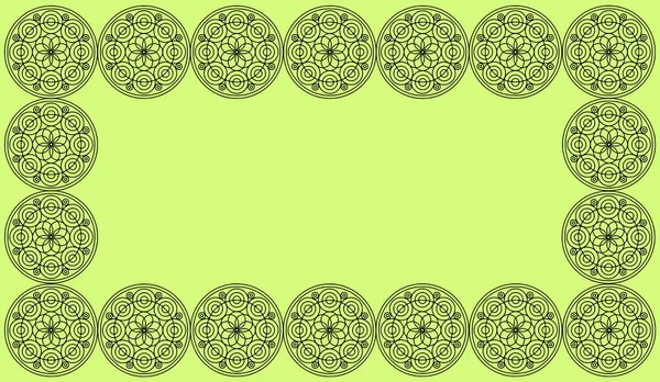 Frame of Seamless pattern tile with round floral mandalas. Islam, Yoga, Arabic, Indian, ottoman motifs. Perfect for printing on fabric or paper. Frame of round mandala on green background.