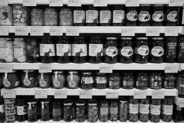Černobílý Obraz Tradičních Tureckých Okurek Různých Druhů Ovoce Zeleniny Jars — Stock fotografie
