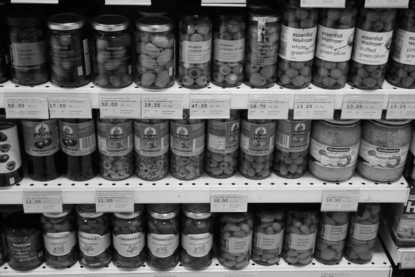 Černobílý Obraz Tradičních Tureckých Okurek Různých Druhů Ovoce Zeleniny Jars — Stock fotografie