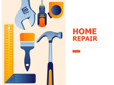 Onarım araçları ile yaratıcı banner tasarımı: cetvel, ayarlanabilir anahtarı, fırça, çekiç, tornavida. Modern kavram vektör çizim