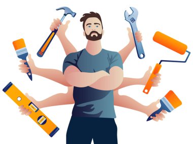 Multi-armed Builder repairman. Technical service vector illustration. clipart
