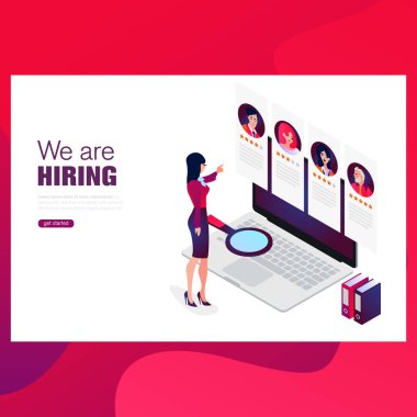 İşe Alım, iş arama izometrik kavramı. Kullanım tanıtım, sosyal medya, kartları, web afiş için.