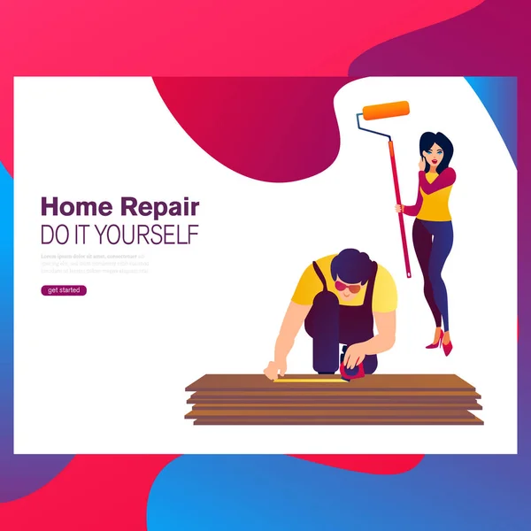 Home makeover and renovation: young happy couple painting their new house interiors using paint rollers — Stock Vector