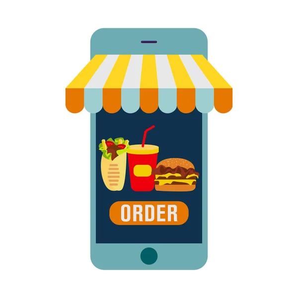 Commande de nourriture vecteur en ligne. Sélection d'un produit avec le smartphone, le paiement de l'argent pour l'achat . — Image vectorielle