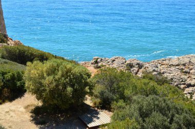 İspanya'da Akdeniz'in parlak turkuaz rengi ile kayalık kıyı şeridi