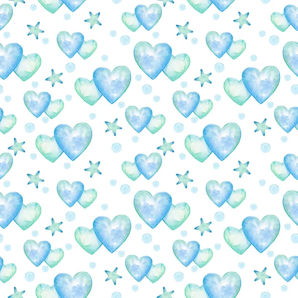 Acuarela Corazones Azules Estrellas Burbujas — Foto de Stock