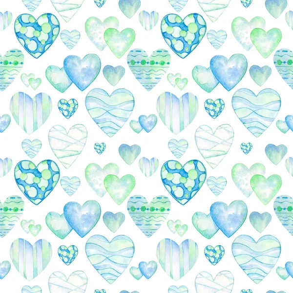 Farklı Mavi Yeşil Kalplerin Desen — Stok fotoğraf